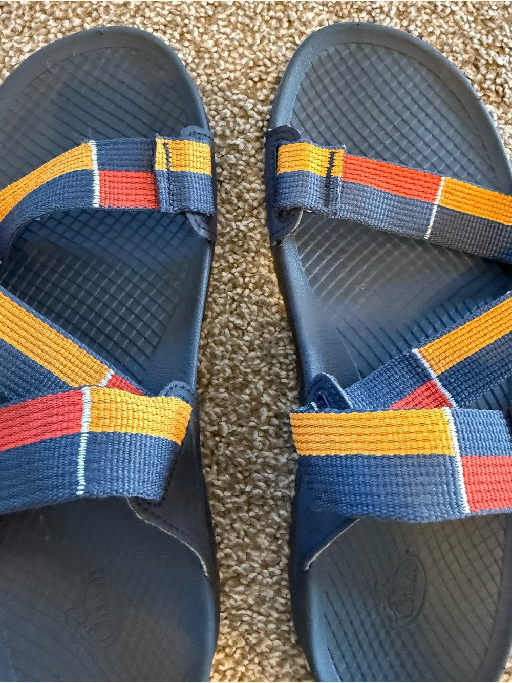 Chaco Navy Sandals with Orange and Red Strap Accents